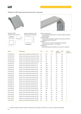 60
Поворот на 90° вертикальный внешний с крышкой
Артикул Наименование P, мм L, мм H, мм Толщина
металла, мм
Вес, кг Кол во в
упаковке, шт.
CLP1N 035 050 1 Поворот на 90° вертикальный внешний 35´50 мм 50 203 35 0,8 0,20 1
CLP1N 035 100 1 Поворот на 90° вертикальный внешний 35´100 мм 100 203 35 0,8 0,31 1
CLP1N 035 150 1 Поворот на 90° вертикальный внешний 35´150 мм 150 203 35 0,8 0,42 1
CLP1N 035 200 1 Поворот на 90° вертикальный внешний 35´200 мм 200 203 35 0,8 0,52 1
CLP1N 035 300 1 Поворот на 90° вертикальный внешний 35´300 мм 300 203 35 0,8 0,94 1
CLP1N 050 050 Поворот на 90° вертикальный внешний 50´50 50 283,5 50 0,8 0,26 1
CLP1N 050 100 Поворот на 90° вертикальный внешний 50´100 100 283,5 50 0,8 0,38 1
CLP1N 050 150 Поворот на 90° вертикальный внешний 50´150 150 283,5 50 0,8 0,49 1
CLP1N 050 200 Поворот на 90° вертикальный внешний 50´200 200 283,5 50 0,8 0,60 1
CLP1N 050 300 Поворот на 90° вертикальный внешний 50´300 300 283,5 50 0,8 0,83 1
CLP1N 050 400 Поворот на 90° вертикальный внешний 50´400 400 283,5 50 0,8 1,07 1
CLP1N 050 500 Поворот на 90° вертикальный внешний 50´500 500 283,5 50 0,8 1,29 1
CLP1N-080-080 Поворот на 90 гр. вертикальный внешний 80´80 80 273,5 80 0,8 0,44 1
CLP1N 080 100 Поворот на 90° вертикальный внешний 80´100 100 273,5 80 0,8 0,52 1
CLP1N 080 150 Поворот на 90° вертикальный внешний 80´150 150 273,5 80 0,8 0,65 1
CLP1N 080 200 Поворот на 90° вертикальный внешний 80´200 200 273,5 80 0,8 0,78 1
CLP1N 080 300 Поворот на 90° вертикальный внешний 80´300 300 273,5 80 0,8 1,04 1
CLP1N 080 400 Поворот на 90° вертикальный внешний 80´400 400 273,5 80 0,8 1,31 1
CLP1N 080 500 Поворот на 90° вертикальный внешний 80´500 500 273,5 80 0,8 1,57 1
CLP1N 100 100 Поворот на 90° вертикальный внешний 100´100 100 309 100 0,8 0,64 1
CLP1N 100 150 Поворот на 90° вертикальный внешний 100´150 150 309 100 0,8 0,78 1
CLP1N 100 200 Поворот на 90° вертикальный внешний 100´200 200 309 100 0,8 0,92 1
CLP1N 100 300 Поворот на 90° вертикальный внешний 100´300 300 309 100 0,8 1,20 1
CLP1N 100 400 Поворот на 90° вертикальный внешний 100´400 400 309 100 0,8 1,48 1
CLP1N 100 500 Поворот на 90° вертикальный внешний 100´500 500 309 100 0,8 1,76 1
Область применения:
для организации вертикального поворота кабельной трассы
на 90 градусов.
Способ монтажа:
отводы трассы крепятся к повороту при помощи комплекта
соединительного КС М6´10*.
Материал:
сталь горячего цинкования методом Сендзимира
(защитный слой цинка – 10–20 мкм).
Примечание:
данный аксессуар поставляется в комплекте с крышкой.
Поворот на 90°
вертикальный внешний
Крышка поворота на 90°
вертикального внешнего
* Комплект КС М6´10 можно заменить отдельными позициями: винт М6´10 и гайка со стопорным буртом М6.
 