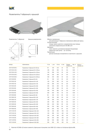 64
Разветвитель Т образный с крышкой
Артикул Наименование P, мм L, мм W, мм H, мм Толщина
металла, мм
Вес, кг Кол во в
упаковке, шт.
CLP1T 035 050 1 Разветвитель Т образный 35´50 мм 50 150 310 35 0,8 0,41 1
CLP1T 035 100 1 Разветвитель Т образный 35´100 мм 100 230 360 35 0,8 0,90 1
CLP1T 035 150 1 Разветвитель Т образный 35´150 мм 150 280 410 35 0,8 1,30 1
CLP1T 035 200 1 Разветвитель Т образный 35´200 мм 200 330 460 35 0,8 1,75 1
CLP1T 035 300 1 Разветвитель Т образный 35´300 мм 300 430 560 35 0,8 3,02 1
CLP1T 050 050 Разветвитель Т образный 50´50 50 150 310 50 0,8 0,44 1
CLP1T 050 100 Разветвитель Т образный 50´100 100 230 360 50 0,8 0,98 1
CLP1T 050 150 Разветвитель Т образный 50´150 150 280 410 50 0,8 1,38 1
CLP1T 050 200 Разветвитель Т образный 50´200 200 330 460 50 0,8 1,86 1
CLP1T 050 300 Разветвитель Т образный 50´300 300 430 560 50 0,8 2,97 1
CLP1T 050 400 Разветвитель Т образный 50´400 400 530 660 50 0,8 4,36 1
CLP1T 050 500 Разветвитель Т образный 50´500 500 630 760 50 0,8 5,98 1
CLP1T-080-080 Разветвитель Т-образный 80´80 80 180 310 80 0,8 1,01 1
CLP1T 080 100 Разветвитель Т образный 80´100 100 230 360 80 0,8 1,13 1
CLP1T 080 150 Разветвитель Т образный 80´150 150 280 410 80 0,8 1,54 1
CLP1T 080 200 Разветвитель Т образный 80´200 200 330 460 80 0,8 2,03 1
CLP1T 080 300 Разветвитель Т образный 80´300 300 430 560 80 0,8 3,16 1
CLP1T 080 400 Разветвитель Т образный 80´400 400 530 660 80 0,8 4,56 1
CLP1T 080 500 Разветвитель Т образный 80´500 500 630 760 80 0,8 6,20 1
CLP1T 100 100 Разветвитель Т образный 100´100 100 230 360 100 0,8 1,24 1
CLP1T 100 150 Разветвитель Т образный 100´150 150 280 410 100 0,8 1,66 1
CLP1T 100 200 Разветвитель Т образный 100´200 200 330 460 100 0,8 2,15 1
CLP1T 100 300 Разветвитель Т образный 100´300 300 430 560 100 0,8 3,30 1
CLP1T 100 400 Разветвитель Т образный 100´400 400 530 660 100 0,8 4,71 1
CLP1T 100 500 Разветвитель Т образный 100´500 500 630 760 100 0,8 6,36 1
Область применения:
для организации Т образного ответвления кабельной трассы.
Способ монтажа:
отводы трассы крепятся к разветвителю при помощи
комплекта соединительного КС М6´10*.
Материал:
сталь горячего цинкования методом Сендзимира
(защитный слой цинка – 10–20 мкм).
Примечание:
данный аксессуар поставляется в комплекте с крышкой.
Разветвитель Т образный Крышка разветвителя
* Комплект КС М6´10 можно заменить отдельными позициями: винт М6´10 и гайка со стопорным буртом М6.
 