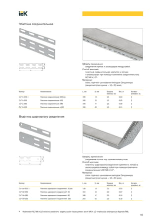 65
Артикул Наименование L, мм H, мм Толщина
металла, мм
Вес, кг Кол во в
упаковке, шт.
CLP1S 035 1 Пластина соединительная h35 мм 190 18 1,5 0,03 2
CLP1S 050 Пластина соединительная h50 190 33 1,5 0,05 2
CLP1S 080 Пластина соединительная h80 190 47 1,5 0,09 2
CLP1S 100 Пластина соединительная h100 190 62 1,5 0,11 2
Область применения:
соединение лотков и аксессуаров между собой.
Способ монтажа:
пластина соединительная крепится к лоткам
и аксессуарам при помощи комплекта соединительного
КС М6´10*.
Материал:
сталь горячего цинкования методом Сендзимира
(защитный слой цинка – 10–20 мкм).
Пластина соединительная
Артикул Наименование L, мм H, мм Толщина
металла, мм
Вес, кг Кол во в
упаковке, шт.
CLP1SH 035 1 Пластина шарнирного соединения h 35 мм 138 18 2,0 0,03 2
CLP1SH 050 Пластина шарнирного соединения h 50 163 33 2,0 0,07 2
CLP1SH 080 Пластина шарнирного соединения h 80 188 47 2,0 0,14 2
CLP1SH 100 Пластина шарнирного соединения h 100 203 62 2,0 0,18 2
Область применения:
соединение лотков под произвольным углом.
Способ монтажа:
пластины шарнирного соединения крепятся к лоткам и
аксессуарам или между собой при помощи комплекта
соединительного КС М6´10*.
Материал:
сталь горячего цинкования методом Сендзимира
(защитный слой цинка – 10–20 мкм).
Пластина шарнирного соединения
* Комплект КС М6´10 можно заменить отдельными позициями: винт М6´10 и гайка со стопорным буртом М6.
 