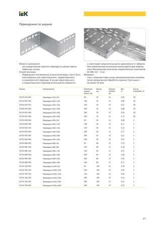 67
Артикул Наименование Изменение
ширины
трассы, мм
Высота,
мм
Толщина
металла,
мм
Вес,
кг
Кол во
в упаковке, шт.
CLP1H 035 050 Переходник Н35´50 50 35 15 0,05 20
CLP1H 035 100 Переходник Н35´100 100 35 15 0,06 20
CLP1H 035 150 Переходник Н35´150 150 35 15 0,07 20
CLP1H 035 200 Переходник Н35´200 200 35 15 0,08 20
CLP1H 035 300 Переходник Н35´300 300 35 15 0,10 20
CLP1H 035 400 Переходник Н35´400 400 35 15 0,13 20
CLP1H 050 050 Переходник Н50´50 50 50 15 0,09 2
CLP1H 050 100 Переходник Н50´100 100 50 15 0,11 2
CLP1H 050 150 Переходник Н50´150 150 50 15 0,13 2
CLP1H 050 200 Переходник Н50´200 200 50 15 0,17 2
CLP1H 050 300 Переходник Н50´300 300 50 15 0,21 2
CLP1H 050 400 Переходник Н50´400 400 50 15 0,07 2
CLP1H 080 050 Переходник Н80´50 50 80 15 0,15 2
CLP1H 080 100 Переходник Н80 100 100 80 15 0,18 2
CLP1H 080 150 Переходник Н80´150 150 80 15 0,21 2
CLP1H 080 200 Переходник Н80´200 200 80 15 0,28 2
CLP1H 080 300 Переходник Н80´300 300 80 15 0,34 2
CLP1H 080 400 Переходник Н80´400 400 80 15 0,12 2
CLP1H 100 050 Переходник Н100´50 50 100 15 0,19 2
CLP1H 100 100 Переходник Н100´100 100 100 15 0,22 2
CLP1H 100 150 Переходник Н100´150 150 100 15 0,26 2
CLP1H 100 200 Переходник Н100´200 200 100 15 0,33 2
CLP1H 100 300 Переходник Н100´300 300 100 15 0,41 2
CLP1H 100 400 Переходник Н100´400 400 100 15 0,51 2
с пластинами соединительными в зависимости от габарита.
При симметричном исполнении используются два переход-
ника. Минимальное количество соединительных комплектов
КС М6´10 – 4 шт.
Материал:
cталь, покрытая слоем цинка электрохимическим способом
после механической обработки изделия. Слой цинка –
не менее 10 мкм.
Переходники по ширине
Область применения:
для осуществления простого перехода по ширине трассы
кабельных лотков.
Способ монтажа:
Переходники поставляются в несогнутом виде и могут быть
смонтированы для левостороннего, правостороннего
и симметричного перехода. В случае левостороннего
и правостороннего перехода используются совместно
 