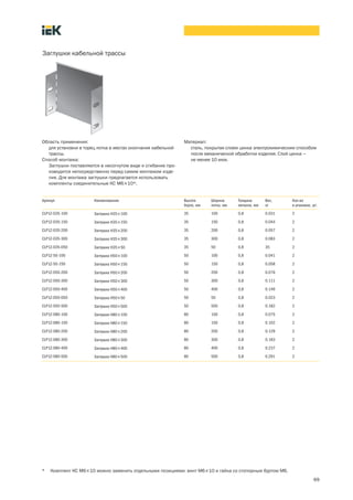 69
Артикул Наименование Высота
борта, мм
Ширина
лотка, мм
Толщина
металла, мм
Вес,
кг
Кол во
в упаковке, шт.
CLP1Z-035-100 Заглушка Н35´100 35 100 0,8 0.031 2
CLP1Z-035-150 Заглушка Н35´150 35 150 0,8 0.044 2
CLP1Z-035-200 Заглушка Н35´200 35 200 0,8 0.057 2
CLP1Z-035-300 Заглушка Н35´300 35 300 0,8 0.083 2
CLP1Z-035-050 Заглушка Н35´50 35 50 0,8 35 2
CLP1Z-50-100 Заглушка Н50´100 50 100 0,8 0.041 2
CLP1Z-50-150 Заглушка Н50´150 50 150 0,8 0.058 2
CLP1Z-050-200 Заглушка Н50´200 50 200 0,8 0.076 2
CLP1Z-050-300 Заглушка Н50´300 50 300 0,8 0.111 2
CLP1Z-050-400 Заглушка Н50´400 50 400 0,8 0.146 2
CLP1Z-050-050 Заглушка Н50´50 50 50 0,8 0.023 2
CLP1Z-050-500 Заглушка Н50´500 50 500 0,8 0.182 2
CLP1Z-080-100 Заглушка Н80´100 80 100 0,8 0.075 2
CLP1Z-080-150 Заглушка Н80´150 80 150 0,8 0.102 2
CLP1Z-080-200 Заглушка Н80´200 80 200 0,8 0.129 2
CLP1Z-080-300 Заглушка Н80´300 80 300 0,8 0.183 2
CLP1Z-080-400 Заглушка Н80´400 80 400 0,8 0.237 2
CLP1Z-080-500 Заглушка Н80´500 80 500 0,8 0.291 2
Материал:
cталь, покрытая слоем цинка электрохимическим способом
после механической обработки изделия. Слой цинка –
не менее 10 мкм.
Заглушки кабельной трассы
Область применения:
для установки в торец лотка в местах окончания кабельной
трассы.
Способ монтажа:
Заглушки поставляются в несогнутом виде и сгибание про-
изводится непосредственно перед самим монтажом изде-
лия. Для монтажа заглушки предлагается использовать
комплекты соединительные КС М6´10*.
* Комплект КС М6´10 можно заменить отдельными позициями: винт М6´10 и гайка со стопорным буртом М6.
 