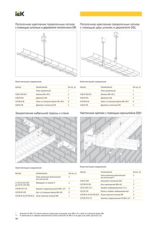 96
Комплектация соединения
Артикул Наименование Кол во, шт.
Лоток проволочный 1
CLW10 TM ХХ Х Шпилька М6—М12 2
CLW10 DSL Держатель DSL 2
CLP1M N ХХ Гайка со стопорным буртом М6—М12 8
CLW10 DR Держатель потолочный DR 2
Потолочное крепление проволочных лотков
с помощью шпильки и держателя потолочного DR
Комплектация соединения
Артикул Наименование Кол во, шт.
Лоток проволочный 1
CLW10 TM ХХ Х Шпилька М6—М12 2
CLW10 DSL Держатель DSL 2
CLP1M N ХХ Гайка со стопорным буртом М6—М12 8
CLW10 DR Держатель потолочный DR 2
Потолочное крепление проволочных лотков
с помощью двух шпилек и держателя DSL
Настенный крепеж с помощью кронштейна SSH
Комплектация соединения
Артикул Наименование Кол во, шт.
Лоток прокатный металлический
или лестничный**
2
CLW10 SSH Кронштейн потолочный SSH 1
CLP1M B 8 65 Болт шестигранный М8´65 4
CLP1Z 050 25 1 Профиль перфорированный 2,5 м 1
CLP1ZU 50 Втулка в профиль перфорированный 2
CLP1M AL 8/CLP1M AS 8 Анкер латунный/стальной М8 4
CLP1M CS 6 10 Комплект соединительный КС М6´10* 3
Комплектация соединения
Закрепление кабельной трассы к стене
Артикул Наименование Кол во, шт.
Лоток прокатный металлический
или лестничный
2
от CLP1H 035 050
до CLP1H 100 400
Переходник по ширине Н 2
CLP1M CS 6 10 Комплект соединительный КС М6´10* 8
CLP1M B 8 65 Болт со стопорным буртом М8´65 8
CLP1M AL 8/CLP1M AS 8 Анкер латунный/стальной М8 1
* Комплект КС М6´10 можно заменить отдельными позициями: винт М6´10 и гайка со стопорным буртом М6.
** В зависимости от габарита металлических лотков количество КС М6´10 на один стык может достигать 6 шт.
 