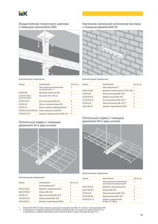 99
* Комплект КС М6´10 можно заменить отдельными позициями: винт М6´10 и гайка со стопорным буртом М6.
** В зависимости от габарита металлических лотков количество КС М6´10 на один стык может достигать 6 шт.
В зависимости от габарита проволочных лотков количество MS20 на один стык может достигать 5 шт.
Осуществление потолочного крепежа
с помощью кронштейна SSH
Комплектация соединения
Артикул Наименование Кол во, шт.
Лоток прокатный металлический
или лестничный***
2
CLW10 SSH Кронштейн потолочный SSH 1
от CLP1CZ 400 1
до CLP1CZ 500 1
Кронштейн 300—500 мм 1
CLP1M B 8 65 Болт шестигранный М8´65 8
CLP1M N 8 Гайка со стопорным буртом М8 4
CLP1ZU 50 Втулка в профиль перфорированный 2
CLP1M AL 8/CLP1M AS 8 Анкер латунный/стальной М8 4
CLP1M CS 6 10 Комплект соединительный КС М6´10* 3
Комплектация соединения
Настенное/напольное исполнение монтажа
с помощью держателей VV
Артикул Наименование Кол во, шт.
Лоток проволочный** 1
CLW10 VV ХХХ Держатель горизонтальный VV 200—500 1
CLP1M G ХХ Гайка шестигранная М6—М12 4
CLP1M SHU ХХ Шайба усиленная М6—М12 4
CLP1M B ХХ ХХ Болт шестигранный М8—М12** 3
CLP1M G ХХ Гайка шестигранная М6—М12** 3
CLW10 MS 20 Комплект соединительный MS20 2
Комплектация соединения
Потолочный подвес с помощью
держателя VH и двух шпилек
Комплектация соединения
Потолочный подвес с помощью
держателя VV и двух шпилек
Артикул Наименование Кол во, шт.
Лоток проволочный** 1
CLW10 VV ХХХ Держатель горизонтальный VV 1
CLW10 TM ХХ Х Шпилька М6—М12 2
CLP1M G ХХ Гайка шестигранная М6—М12 4
CLP1M SHU ХХ Шайба усиленная М6—М12 4
CLW10 MS 20 Комплект соединительный MS20 2
Артикул Наименование Кол во, шт.
Лоток прокатный металлический,
лестничный или проволочный**
1
CLW10 VH ХХХ Держатель горизонтальный VH 1
CLW10 TM ХХ Х Шпилька М6—М12 2
CLP1M G ХХ Гайка шестигранная М6—М12 4
CLP1M SHU ХХ Шайба усиленная М6—М12 4
CLP1M CS 6 10 Комплект соединительный
КС М6´10*/MS20
2
 