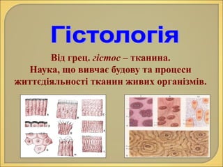 Від грец. гістос – тканина.
Наука, що вивчає будову та процеси
життєдіяльності тканин живих організмів.
 