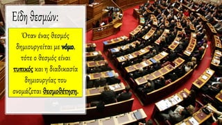 Όταν ένας θεσμός
δημιουργείται με νόμο,
τότε ο θεσμός είναι
τυπικός και η διαδικασία
δημιουργίας του
ονομάζεται θεσμοθέτηση.
 