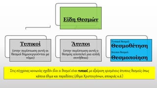 Στις σύγχρονες κοινωνίες σχεδόν όλοι οι θεσμοί είναι τυπικοί, με εξαίρεση ορισμένους άτυπους θεσμούς όπως
κάποια έθιμα και παραδόσεις (έθιμα Χριστουγέννων, αποκριάς κ.ά.)
Είδη Θεσμών
Τυπικοί
(στην περίπτωση αυτή οι
θεσμοί δημιουργούνται με
νόμο)
Άτυποι
(στην περίπτωση αυτή ο
θεσμός αποτελεί μια απλή
συνήθεια)
Τυπικοί θεσμοί:
Θεσμοθέτηση
Άτυποι θεσμοί:
Θεσμοποίηση
 