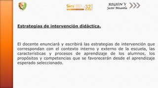 Estrategias de intervención didáctica.
El docente enunciará y escribirá las estrategias de intervención que
correspondan con el contexto interno y externo de la escuela, las
características y procesos de aprendizaje de los alumnos, los
propósitos y competencias que se favorecerán desde el aprendizaje
esperado seleccionado.
 