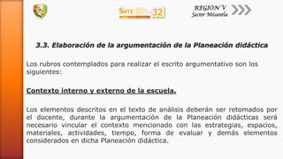 3.3. Elaboración de la argumentación de la Planeación didáctica
Los rubros contemplados para realizar el escrito argumentativo son los
siguientes:
Contexto interno y externo de la escuela.
Los elementos descritos en el texto de análisis deberán ser retomados por
el docente, durante la argumentación de la Planeación didácticas será
necesario vincular el contexto mencionado con las estrategias, espacios,
materiales, actividades, tiempo, forma de evaluar y demás elementos
considerados en dicha Planeación didáctica.
 