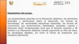 Diagnóstico del grupo.
Las características descritas en la Planeación didáctica: los elementos
generales y particulares sobre el desarrollo, las formas de
aprendizaje, las necesidades educativas especiales, las formas de
convivencia, sus conocimientos, habilidades, actitudes, valores y
destrezas serán fundamentales para que el docente sustente y dé
sentido a su Planeación didáctica cuando argumente su Plan de clase,
las estrategias elegidas, así como la forma de evaluación que
considere pertinente.
 