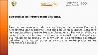 Estrategias de intervención didáctica.
Para la argumentación de las estrategias de intervención, será
fundamental que el docente justifique porqué en su diseño, consideró
las características y elementos que plasmó en su Planeación didáctica
sobre el contexto interno y externo de la escuela, en el diagnóstico
que realizó de su grupo y en la revisión de los propósitos educativos
del nivel y de los componentes curriculares contemplados en los
programas de estudio.
 