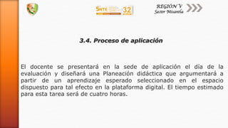 3.4. Proceso de aplicación
El docente se presentará en la sede de aplicación el día de la
evaluación y diseñará una Planeación didáctica que argumentará a
partir de un aprendizaje esperado seleccionado en el espacio
dispuesto para tal efecto en la plataforma digital. El tiempo estimado
para esta tarea será de cuatro horas.
 