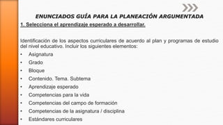 ENUNCIADOS GUÍA PARA LA PLANEACIÓN ARGUMENTADA
1. Selecciona el aprendizaje esperado a desarrollar.
Identificación de los aspectos curriculares de acuerdo al plan y programas de estudio
del nivel educativo. Incluir los siguientes elementos:
• Asignatura
• Grado
• Bloque
• Contenido. Tema. Subtema
• Aprendizaje esperado
• Competencias para la vida
• Competencias del campo de formación
• Competencias de la asignatura / disciplina
• Estándares curriculares
 