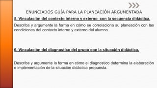 ENUNCIADOS GUÍA PARA LA PLANEACIÓN ARGUMENTADA
5. Vinculación del contexto interno y externo con la secuencia didáctica.
Describa y argumente la forma en cómo se correlaciona su planeación con las
condiciones del contexto interno y externo del alumno.
6. Vinculación del diagnostico del grupo con la situación didáctica.
Describa y argumente la forma en cómo el diagnostico determina la elaboración
e implementación de la situación didáctica propuesta.
 