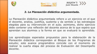 3. La Planeación didáctica argumentada.
La Planeación didáctica argumentada refiere a un ejercicio en el que
el docente, analiza, justifica, sustenta y da sentido a las estrategias
elegidas para su intervención en el aula; asimismo, dicho ejercicio
debe contener una reflexión del docente acerca de lo que espera que
aprendan sus alumnos y la forma en que se evaluará lo aprendido.
Los aprendizajes esperados propuestos para la elaboración de la
Planeación didáctica corresponden al Bloque de los Programas de
estudio; este avance programático coincide con el momento de
realizar la cuarta etapa del proceso de Evaluación del Desempeño
docente.
 