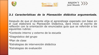 3.1 Características de la Planeación didáctica argumentada.
Después de que el docente elija el aprendizaje esperado con base en
el cual elaborará su Planeación Didáctica, dará inicio al escrito de
reflexión con la orientación de enunciados guía que se referirán a los
siguientes rubros:
•Contexto interno y externo de la escuela
•Diagnóstico del grupo
•Plan de clase
•Estrategias de intervención didáctica
•Estrategias de evaluación
 