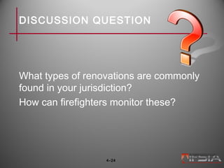 DISCUSSION QUESTION
What types of renovations are commonly
found in your jurisdiction?
How can firefighters monitor these?
4–24
 