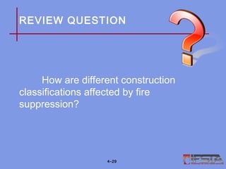 REVIEW QUESTION
How are different construction
classifications affected by fire
suppression?
4–29
 