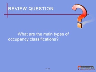 REVIEW QUESTION
What are the main types of
occupancy classifications?
4–32
 