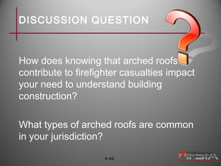 DISCUSSION QUESTION
How does knowing that arched roofs
contribute to firefighter casualties impact
your need to understand building
construction?
What types of arched roofs are common
in your jurisdiction?
4–42
 