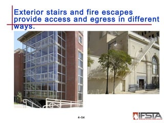 Exterior stairs and fire escapes
provide access and egress in different
ways.
4–54
 