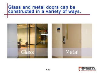 Glass and metal doors can be
constructed in a variety of ways.
4–60
 
