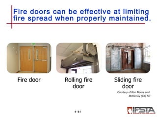 Fire doors can be effective at limiting
fire spread when properly maintained.
4–61
Courtesy of Ron Moore and
McKinney (TX) FD
 
