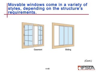 Movable windows come in a variety of
styles, depending on the structure’s
requirements.
4–65
(Cont.)
 
