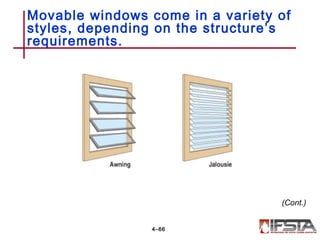 Movable windows come in a variety of
styles, depending on the structure’s
requirements.
4–66
(Cont.)
 