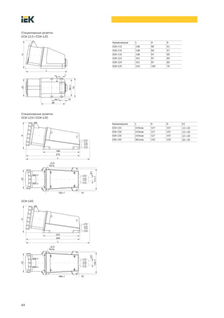 64
Стационарные розетки
ССИ 133¸ССИ 135
Наименование L H D D1
ССИ-133 315max 127 107 12¸20
ССИ-134 315max 127 107 12¸20
ССИ-135 315max 127 107 12¸20
ССИ-145 361max 142 120 20¸25
ССИ 145
Стационарные розетки
ССИ 113¸ССИ 125
Наименование L H D
ССИ-113 136 90 51
ССИ-114 138 93 57
ССИ-115 138 97 65
ССИ-123 151 97 65
ССИ-124 151 97 65
ССИ-125 153 105 70
 