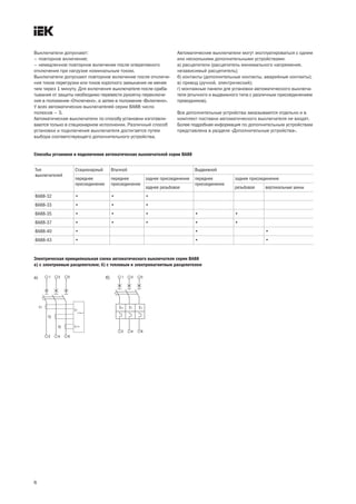 6
Способы установки и подключения автоматических выключателей серии ВА88
Тип
выключателей
Стационарный Втычной Выдвижной
переднее
присоединение
переднее
присоединение
заднее присоединение переднее
присоединение
заднее присоединение
заднее резьбовое резьбовое вертикальные шины
ВА88 32 • • •
ВА88 33 • • •
ВА88 35 • • • • •
ВА88 37 • • • • •
ВА88 40 • • •
ВА88 43 • • •
Выключатели допускают:
– повторное включение;
– немедленное повторное включение после оперативного
отключения при нагрузке номинальным током.
Выключатели допускают повторное включение после отключе-
ния токов перегрузки или токов короткого замыкания не менее
чем через 1 минуту. Для включения выключателя после сраба-
тывания от защиты необходимо перевести рукоятку переключе-
ния в положение «Отключено», а затем в положение «Включено».
У всех автоматических выключателей серии ВА88 число
полюсов – 3.
Автоматические выключатели по способу установки изготавли-
ваются только в стационарном исполнении. Различный способ
установки и подключения выключателя достигается путем
выбора соответствующего дополнительного устройства.
Автоматические выключатели могут эксплуатироваться с одним
или несколькими дополнительными устройствами:
а) расцепители (расцепитель минимального напряжения,
независимый расцепитель);
б) контакты (дополнительные контакты, аварийные контакты);
в) привод (ручной, электрический);
г) монтажные панели для установки автоматического выключа-
теля (втычного и выдвижного типа с различным присоединением
проводников).
Все дополнительные устройства заказываются отдельно и в
комплект поставки автоматического выключателя не входят.
Более подробная информация по дополнительным устройствам
представлена в разделе «Дополнительные устройства».
Электрическая принципиальная схема автоматического выключателя серии ВА88
а) с электронным расцепителем; б) с тепловым и электромагнитным расцепителем
а) б)
 