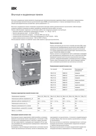 Втычные и выдвижные панели
9
Втычные и выдвижные панели являются стационарными электротехническими изделиями общего назначения и предназначены
для комплектации автоматических выключателей серии ВА88, устанавливаемых в главных распределительных щитах,
вводно распределительных устройствах, щитах управления и т.п.
Втычные и выдвижные панели позволяют осуществлять быструю замену автоматического выключателя, обеспечивают
создание видимого разрыва во время проведения профилактических работ на линии.
Панели обеспечивают надежную и устойчивую работу при следующих условиях эксплуатации:
– диапазон рабочих температур окружающего воздуха – от –40 до + 50 °С;
– высота над уровнем моря – не более 2000 м;
– относительная влажность воздуха – не более 98% (при 25 °С);
– климатическое исполнение и категория размещения по ГОСТ 15150 – УХЛ3;
– группа механического исполнения – М3 по ГОСТ 17516.1.
Использование панели не изменяет каких либо свойств и функций выключателя.
Панель монтажная для втычного способа монтажа ПМ1 пред-
назначена для преобразования выключателя серии ВА88 ста-
ционарного исполнения в выключатель втычного исполнения
и по своим характеристикам соответствует техническим усло-
виям ТУ3429 030 18461115 2006.
Панель состоит из неподвижной части с розетками и выводами
для присоединения проводников или шин и комплекта для фор-
мирования съемной части втычного выключателя (втычные
контакты, механизм блокировки, установочные винты и шайбы).
Панель имеет блокировочный узел, препятствующий извлече-
нию и установке выключателя при включенных контактах.
Тип панелей Тип выключателя Присоединение
проводников
ПМ1/П 32 ВА88 32 переднее
ПМ1/Р 32 ВА88 32 заднее резьбовое
ПМ1/П 33 ВА88 33 переднее
ПМ1/Р 33 ВА88 33 заднее резьбовое
ПМ1/П 35 ВА88 35 переднее
ПМ1/Р 35 ВА88 35 заднее резьбовое
ПМ1/П 37 ВА88 37 переднее
ПМ1/Р 37 ВА88 37 заднее резьбовое
Типоисполнения панелей втычного типа
Основные характеристики панелей втычного типа
Наименование параметра ПМ1/П 32 ПМ1/Р 32 ПМ1/П 33 ПМ1/Р 33 ПМ1/П 35 ПМ1/Р 35 ПМ1/П 37 ПМ1/Р 37
Номинальное рабочее напряжение Ue, В 400 400 400 400
Диапазон рабочих напряжений U, В (0,2 ¸ 1,2)×Ue (0,2 ¸ 1,2)×Ue (0,2 ¸ 1,2)×Ue (0,2 ¸ 1,2)×Ue
Номинальная частота сети, Гц 50 50 50 50
Мощность рассеивания, Вт, не более 5 10 15 30
Износостойкость, циклов В О, не менее 6000 6000 5000 4000
Масса, кг, не более 0,9 1,1 1,2 1,3 1,7 2,7 3,7 4,3
Конструкция панели представляет собой моноблок, устанавли-
ваемый на монтажную панель электрощита, и включает в себя
основание из термореактивного пластика с двумя группами
(по три в ряд) розеток с выводами для переднего (П) или зад-
него резьбового (Р) присоединения проводников в зависимости
от типоисполнения.
Блокировка, препятствующая извлечению и установке выклю-
чателя при включенных контактах, состоит из механизма, уста-
навливаемого на выключатель, и толкателя, воздействующего
на рейку сброса. При попытке извлечь выключатель из панели
он выключается.
Втычные контакты из комплекта, присоединенные к штатным
выводам выключателя, осуществляют соединение аппарата
с главной электрической цепью.
Фиксация выключателя на панели осуществляется двумя или
четырьмя винтами (в зависимости от типоисполнения).
Конструкция панелей втычного типа
Панель втычного типа
 