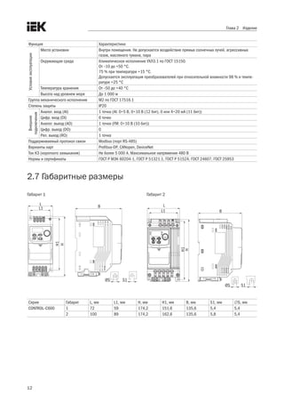12
Глава 2 Изделие
Функция Характеристики
Условияэксплуатации
Место установки Внутри помещения. Не допускается воздействие прямых солнечных лучей, агрессивных
газов, масляного тумана, пара
Окружающая среда Климатическое исполнение УХЛ3.1 по ГОСТ 15150.
От –10 до +50 °С.
75 % при температуре +15 °C.
Допускается эксплуатация преобразователей при относительной влажности 98 % и темпе-
ратуре +25 °С
Температура хранения От –50 до +40 °С
Высота над уровнем моря До 1 000 м
Группа механического исполнения М2 по ГОСТ 17516.1
Степень защиты IP20
Внешние
подключения
Аналог. вход (AI) 1 точка (AI: 0÷5 В, 0÷10 В (12 бит), 0 или 4÷20 мА (11 бит))
Цифр. вход (DI) 6 точек
Аналог. выход (AO) 1 точка (FM: 0÷10 В (10 бит))
Цифр. выход (DO) 0
Рел. выход (RO) 1 точка
Поддерживаемый протокол связи Modbus (порт RS-485)
Варианты карт Profibus-DP, CANopen, DeviceNet
Ток КЗ (короткого замыкания) Не более 5 000 A. Максимальное напряжение 480 В
Нормы и сертификаты ГОСТ Р МЭК 60204-1, ГОСТ Р 51321.1, ГОСТ Р 51524, ГОСТ 24607, ГОСТ 25953
2.7 Габаритные размеры
Габарит 1                                                                                                     Габарит 2
      
Серия Габарит L, мм L1, мм H, мм H1, мм B, мм S1, мм ∅S, мм
CONTROL–C600 1 72 59 174,2 151,6 135,6 5,4 5,4
2 100 89 174,2 162,6 135,6 5,8 5,4
L
L1 B
H
H1
ØS S1
L
L1
H
H1
B
ØS S1
L
L1 B
H
H1
ØS S1
L
L1
H
H1
B
ØS S1
 