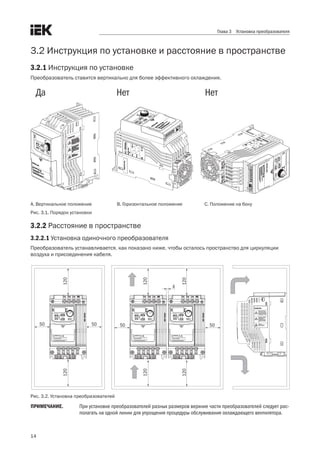 14
Глава 3 Установка преобразователя
3.2 Инструкция по установке и расстояние в пространстве
3.2.1 Инструкция по установке
Преобразователь ставится вертикально для более эффективного охлаждения.
Да Нет Нет
А. Вертикальное положение	        В. Горизонтальное положение	                 С. Положение на боку
Рис. 3.1. Порядок установки
3.2.2 Расстояние в пространстве
3.2.2.1 Установка одиночного преобразователя
Преобразователь устанавливается, как показано ниже, чтобы осталось пространство для циркуляции
воздуха и присоединения кабеля. 
  
120120
120120
120120
50 50 50
4
50
Рис. 3.2. Установка преобразователей
ПРИМЕЧАНИЕ.	 При установке преобразователей разных размеров верхние части преобразователей следует рас-
полагать на одной линии для упрощения процедуры обслуживания охлаждающего вентилятора.
 