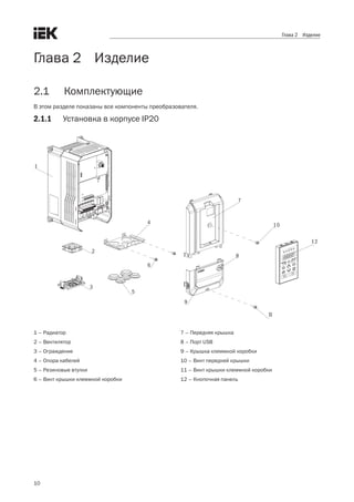 10
Глава 2 Изделие
Глава 2    Изделие
2.1	 Комплектующие
В этом разделе показаны все компоненты преобразователя.
2.1.1	 Установка в корпусе IP20
1
2
3
4
5
6
7
8
9
10
11
12
1 – Радиатор
2 – Вентилятор
3 – Ограждение
4 – Опора кабелей
5 – Резиновые втулки
6 – Винт крышки клеммной коробки
7 – Передняя крышка
8 – Порт USB
9 – Крышка клеммной коробки
10 – Винт передней крышки
11 – Винт крышки клеммной коробки
12 – Кнопочная панель
 