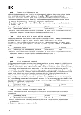 138
Глава 6 Параметры
•	 P2-04	 Момент времени замедления KEB	
При использовании функции KEB требуется установить момент времени замедления. Следует задать
более длительное время при выдаче сообщения об ошибке Uv1 (обнаружение минимального 	
напряжения 1) или более короткое время при выдаче сообщения об ошибке oV (перенапряжение).
• В период действия функции «Рабочий режим KEB 1» продолжительность замедления преобразователя зависит
от параметра P2-04 и изменений в соответствии с напряжением главной контура.
• В период действия функции «Рабочий режим KEB 2 или 3», продолжительность замедления преобразователя зависит
от параметра P2-04.
№ Наименование функции Настройки По умолчанию
Р2-04 Момент времени замедления KEB 0,0÷6 000,0 с <1> 0,0 с
<1> Диапазон значений определяется размерностью параметра С1-09 (выбор единицы измерения времени разгона/
замедления). При C1-09 = 0 (0,01 с) диапазон значений составит 0,00÷600,00 (с).
•	 P2-05	 Время разгона после окончания действия функции KEB	
Требуется задать время повторного разгона, начиная со значения скорости в момент отключения функ-
ции КЕВ до достижения заданной частоты (рабочая частота до обрыва электропитания).
При заданном значении 0,0 с преобразователь начнет разгон до существовавшей до обрыва частоты
согласно фактическому времени разгона, заданному в качестве параметра на C1-00, C1-02, C1-04 или
C1-06.
№ Наименование функции Настройки По умолчанию
Р2-05 Время разгона после окончания действия функции KEB 0,0÷6 000,0 с <1> 0,3 с
<1> Диапазон значений определяется размерностью параметра С1-09 (выбор единицы измерения времени разгона/
замедления). При C1-09 = 0 (0,01 с) диапазон значений составит 0,00÷600,00 (с).
•	 P2-06	 Сохранить
•	 P2-07	 Время обнаружения режима KEB
Устанавливает минимальную продолжительность работы KEB при активном режиме KEB (P2-00 = 2 или
3). KEB будет активен на протяжении всего времени обнаружения, даже если в течение этого срока пита-
ние будет восстановлено. Когда KEB включен или KEB-многофункциональная клемма ввода подключена,
а напряжение главной контура падает ниже уровня P2-03, преобразователь продолжает работать 	
в режиме KEB в течение времени обнаружения, заданного для этого параметра. Когда P2-00 = 0 или 1, 	
на P2-07 нужно установить как можно более продолжительное время. Когда KEB-многофункциональная
клемма ввода подключена, работа KEB будет продолжаться после времени обнаружения (P2-07). 	
Если клемма отключена, это приведет к повторному разгону преобразователя.
Когда многофункциональной клемме ввода не присвоена функция KEB и после времени обнаружения
(P2-07) напряжение главного контура превышает заданное в P2-08, это приведет к повторному разгону
преобразователя. Если напряжение главной контура станет ниже заданного в P2-08 после времени обна-
ружения (P2-07), работа KEB продолжится.
№ Наименование функции Настройки По умолчанию
Р2-07 Время обнаружения режима KEB 0,0÷2 000 мс 50 мс
•	 P2-08	 Целевое значение напряжения в режиме KEB
Задается целевое значение для главного контура напряжения постоянного тока или деактивации 	
функции КЕВ.
№ Наименование функции Настройки По умолчанию
Р2-08 Целевое значение напряжения в режиме KEB 150÷4 000 В <1> <2>
<1> Данный диапазон значений установлен для преобразователя 200 В. Для 400-вольтового преобразователя
он удваивается.
<2> Это значение по умолчанию определяется d1-00.
 