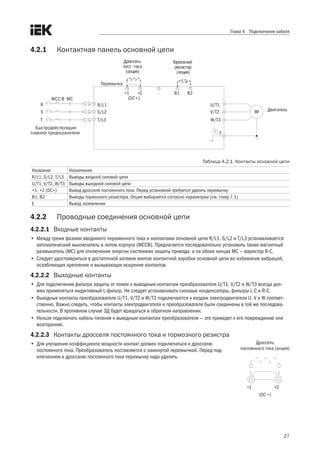 27
Глава 4 Подключение кабеля
4.2.1	 Контактная панель основной цепи
MCМСС B
S
T
+1 +2
(DC+)
B1 B2
R
Перемычка
Быстродействующие
плавкие предохранители
Дроссель
по т. токаc
(опция)
Тормозной
резистор
(опция)
Двигатель
R/L1
S/L2
T/L3
U/T1
V/T2
W/T3
IM
Таблица 4.2.1. Контакты основной цепи
Название Назначение
R/L1, S/L2, T/L3 Выводы входной силовой цепи
U/T1, V/T2, W/T3 Выводы выходной силовой цепи
+1, +2 (DC+) Вывод дросселя постоянного тока. Перед установкой требуется удалить перемычку
B1, B2 Выводы тормозного резистора. Опция выбирается согласно параметрам (см. главу 7.1)
E Вывод заземления
4.2.2	 Проводные соединения основной цепи
4.2.2.1	 Входные контакты
•	 Между тремя фазами вводимого переменного тока и контактами основной цепи R/L1, S/L2 и T/L3 устанавливается
автоматический выключатель в литом корпусе (МССВ). Предлагается последовательно установить также магнитный
размыкатель (МС) для отключения энергии системами защиты привода, а на обоих концах МС — варистор R-C.
•	 Следует удостовериться в достаточной затяжке винтов контактной коробки основной цепи во избежание вибраций,
ослабляющих крепление и вызывающих искрение контактов.
4.2.2.2	 Выходные контакты	
•	 Для подключения фильтра защиты от помех к выводным контактам преобразователя U/T1, V/T2 и W/T3 всегда дол-
жен применяться индуктивный L-фильтр. Не следует устанавливать силовые конденсаторы, фильтры L-C и R-C.
•	 Выходные контакты преобразователя U/T1, V/T2 и W/T3 подключаются к входам электродвигателя U, V и W соответ-
ственно. Важно следить, чтобы контакты электродвигателя и преобразователя были соединены в той же последова-
тельности. В противном случае ЭД будет вращаться в обратном направлении.
•	 Нельзя подключать кабель питания к выходным контактам преобразователя — это приведет к его повреждению или
возгоранию.
4.2.2.3	 Контакты дросселя постоянного тока и тормозного резистра
•	 Для улучшения коэффициента мощности контакт должен подключаться к дросселю
постоянного тока. Преобразователь поставляется с замкнутой перемычкой. Перед под-
ключением к дросселю постоянного тока перемычку надо удалить.
+1 +2
Дроссель
постоянного тока (опция)
(DC +)
B1 B2
Тормозной
резистор (опция)
 