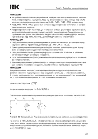 153
Глава 5 Подробное описание параметров
ПРИМЕЧАНИЯ
•	Настройка статического параметра применяется, когда двигатель и нагрузку невозможно отключить
легко, и настройка ротора недопустима. Когда код функции настроен и дана команда «ХОД» (RUN),
частотный преобразователь настроит параметры PA.06 — PA.08 / PA.20 — PA.22 автоматически.
•	PA.05, PA.09 / PA.19 и PA.23 должны быть настроены в ручном режиме в соответствии со стандарт-
ными параметрами двигателя.
•	Настройка динамического параметра: для обеспечения контроля динамических параметров работы
частотного преобразователя следует выбрать настройку параметра ротора. При выполнении на-
стройки двигатель должен быть отключен от нагрузки (без нагрузки). Когда код функции настроен
и дана команда «ХОД» (RUN), параметры двигателя будут настроены автоматически.
РЕКОМЕНДАЦИИ
1.	Перед выполнением самонастройки следует ввести правильные параметры, указанные на инфор-
мационной табличке управляемого двигателя (PA.01 — PA.04, PA.15 — PA.18).
2.	При настройке динамических параметров необходимо отключить двигатель от нагрузки. Недопу-
стимо производить настройку двигателя при подключенной нагрузке.
3.	Перед выполнением самонастройки следует убедиться, что двигатель остановлен. В противном
случае настройка будет произведена некорректно.
4.	После выполнения самонастройки (включая неправильное завершение) функция PA.29 автоматиче-
ски настраивается на 0.
5. Во время произведения настройки параметра на рабочую панель будет выведена индикация «- At-».
Если настройка произведена некорректно, на рабочей панели будет выведена индикация «AtE».
ПРИМЕЧАНИЯ
Во время выполнения настройки статистических параметров метод расчета тока холостого хода
двигателя и взаимной индукции указан в виде следующей формулы, где L — это индукция рассеяния,
I0 — это ток холостого хода, Lm — это взаимная индукция,  — это эффективность, I — это номинальный
ток, U — это номинальное напряжение, и f — это основная частота двигателя.
Ток холостого хода: I0=I• √(1+η2 )
Расчет взаимной индукции: Lm=U/(Io•2πf√3)-L
Специальные значения вышеуказанных параметров двигателя указаны на рисунке 5-42.
jX1 jX2
s
R 2
R 1
I1
U1
I0
X m
R m
I2
Рисунок 5-42. Принципиальная Рисунок эквивалентного стабильного состояния асинхронного двигателя
На рисунке 5-42 R1, Xl, R2, X2, Xm и I0 соответственно обозначают сопротивление цепи ста-
тора, индуктивное сопротивление индукции рассеяния цепи статора, сопротивление ротора,
индуктивное сопротивление индукции рассеяния ротора, сопротивление взаимной индук-
ции и ток холостого хода.
 