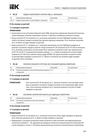 161
Глава 5 Подробное описание параметров
•	 PC.17	 ПОДАЧА АНАЛОГОВОГО СИГНАЛА ПИД (%, МЕРЦАНИЕ)
№ Наименование функции Настройки По умолчанию
PC.17 Подача аналогового сигнала ПИД (%, мерцание) 0, 1 0
0: Без вывода на дисплей
1: С выводом на дисплей
ПРИМЕЧАНИЯ
•	Аналоговый сигнал установки/обратной связи ПИД: процентное содержание физической величины,
соответствующее значению аналогового сигнала  диапазон измерения замкнутого контура.
•	Когда значение PC.16 настроено на 1, установка аналогового сигнала ПИД будет выведена на ди-
сплей в состоянии текущего контроля без указания единицы измерения. Если значение настроено
на 0, то объект не будет выведен на дисплей.
•	Когда значение PC.17 настроено на 1, установка аналогового сигнала ПИД будет выведена на
дисплей в состоянии текущего контроля. Когда значение P7.00 настроено на 0 и P7.08 не настроено
на 0, установка аналогового сигнала может быть настроена в режиме онлайн при переключении
на PC.16 или PC.17 нажатием регистровой клавиши «>>» и новое установленное значение будет
сохранено в P7.06 после нажатия кнопки ввода (ENTER). Во время настройки в режиме онлайн
на дисплей будет выведено значение PC.17. Объект в состоянии до настройки будет выведен
на дисплей после настройки.
•	 PC.18	 ЗНАЧЕНИЕ ВНЕШНЕГО СЧЕТЧИКА (БЕЗ УКАЗАНИЯ ЕДИНИЦ ИЗМЕРЕНИЯ)
№ Наименование функции Настройки По умолчанию
PC.18 Значение внешнего счетчика (без указания единиц
измерения)
0, 1 0
0: Без вывода на дисплей
1: С выводом на дисплей
ПРИМЕЧАНИЕ	 Если значение PC.18 настроено на 1, значение внешнего счетчика будет выве-
дено на дисплей в состоянии текущего контроля и все индикаторы будут отклю-
чены. Если значение настроено на 0, значение внешнего счетчика не будет
выведено на дисплей.
•	 PC.19	 СОСТОЯНИЕ КОНТАКТНОЙ ПАНЕЛИ (БЕЗ ЕДИНИЦЫ ИЗМЕРЕНИЯ)
№ Наименование функции Настройки По умолчанию
PC.19 Состояние контактной панели (без единицы
измерения)
0, 1 0
0: Без вывода на дисплей
1: С выводом на дисплей
ПРИМЕЧАНИЯ
•	Когда значение PC.19 настроено на 1, состояние контактной панели будет выведено на дисплей.
Если значение настроено на 0, то объект не будет выведен на дисплей.
•	Информация о состоянии контактной панели включает в себя состояние многофункциональных
контактных панелей X1 — X5, двусторонних выходных контактных панелей открытого коллектора D0
и реле выходного сигнала 1. Состояние функциональных контактных панелей указано индикатором
 