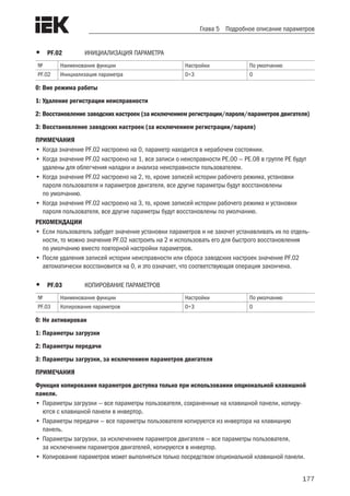 177
Глава 5 Подробное описание параметров
•	 PF.02	 ИНИЦИАЛИЗАЦИЯ ПАРАМЕТРА
№ Наименование функции Настройки По умолчанию
PF.02 Инициализация параметра 0÷3 0
0: Вне режима работы
1: Удаление регистрации неисправности
2: Восстановление заводских настроек (за исключением регистрации/пароля/параметров двигателя)
3: Восстановление заводских настроек (за исключением регистрации/пароля)	
ПРИМЕЧАНИЯ
•	Когда значение PF.02 настроено на 0, параметр находится в нерабочем состоянии.
•	Когда значение PF.02 настроено на 1, все записи о неисправности PE.00 — PE.08 в группе РЕ будут
удалены для облегчения наладки и анализа неисправности пользователем.
•	Когда значение PF.02 настроено на 2, то, кроме записей истории рабочего режима, установки
пароля пользователя и параметров двигателя, все другие параметры будут восстановлены
по умолчанию.
•	Когда значение PF.02 настроено на 3, то, кроме записей истории рабочего режима и установки
пароля пользователя, все другие параметры будут восстановлены по умолчанию.
РЕКОМЕНДАЦИИ
•	Если пользователь забудет значение установки параметров и не захочет устанавливать их по отдель-
ности, то можно значение PF.02 настроить на 2 и использовать его для быстрого восстановления
по умолчанию вместо повторной настройки параметров.
•	После удаления записей истории неисправности или сброса заводских настроек значение PF.02
автоматически восстановится на 0, и это означает, что соответствующая операция закончена.
•	 PF.03	 КОПИРОВАНИЕ ПАРАМЕТРОВ
№ Наименование функции Настройки По умолчанию
PF.03 Копирование параметров 0÷3 0
0: Не активирован	
1: Параметры загрузки
2: Параметры передачи	
3: Параметры загрузки, за исключением параметров двигателя
ПРИМЕЧАНИЯ
Функция копирования параметров доступна только при использовании опциональной клавишной
панели.
•	Параметры загрузки — все параметры пользователя, сохраненные на клавишной панели, копиру-
ются с клавишной панели в инвертор.
•	Параметры передачи — все параметры пользователя копируются из инвертора на клавишную
панель.
•	Параметры загрузки, за исключением параметров двигателя — все параметры пользователя,
за исключением параметров двигателей, копируются в инвертор.
•	Копирование параметров может выполняться только посредством опциональной клавишной панели.
 