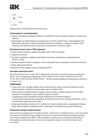 199
Приложение 3. Использование коммуникационного интерфейса MODBUS
R S-485
Вкл.
Выкл.
S W2
Переключатель сопротивления контактной панели
Рекомендации по электропроводке:
1. Кабели связи должны находиться отдельно от кабелей сети питания, других силовых и электрических
кабелей.
2. Экранированные кабели должны использоваться в качестве кабелей связи. Экранирующий слой
должен быть подключен к кабелям выводов заземления инвертора, в то время как другой конец
не должен быть подключен (для исключения неисправности по причине помех).
Последовательность связи с ПЛК следующая:
1. Когда питание отключено, подключите кабель связи к ПЛК и инвертору.
2. Подключите питание.
3. Установите параметры, требуемые для обеспечения связи, посредством клавишной панели
(Pb.00 — Pb.08).
4. Отключите подачу питания и подождите, пока на клавишной панели индикация не исчезнет полностью.
5. Снова подключите питание.
6. Выполните сеанс передачи данных посредством ПЛК.
Настройка параметров связи:
Для обеспечения связи через ПЛК необходимо установить соответствующие параметры
связи. Учесть следующие параметры: P0.03, P0.04, P0.07, P0.11, P7.00, P7.01, P7.03,
P7.04, P8.11, P9.19, Pd.02, Pd.04, Pb.00 — Pb.06. Более подробную информацию смотрите
в главах 4 и 5.
ПРИМЕЧАНИЯ
•	Только после того, как будет выбран канал настройки связи, можно прописать команду в соответ-
ствующий реестр. В противном случае будет выдано сообщение 02h.
•	После изменения выбора скорости передачи данных в бодах и выбора контроля четности новая
установка не активируется, пока инвертор не будет остановлен
и перезапущен снова. Настройка этих двух позиций для компьютеров верхнего
и нижнего уровня должна быть одинаковой. В противном случае связь не будет установлена, или же
во время связи будут возникать ошибки.
•	Когда адрес инвертора настроен на 0, инвертор не получит команду связи и циркулярную команду.
Когда значение адреса инвертора выше 0, новый адрес активируется сразу после изменения.
Ограничения периода передачи данных
Для снижения коэффициента потери пакетов, связанной с помехами связи, и для получения
оптимального эффекта связи следует установить ограничения периода передачи данных
на станции управляющих ЭВМ, чтобы передача и прием данных проходили нормально.
При выборе способа контроля четности пользователь может получить быстрый ответ
на запрос.
 
