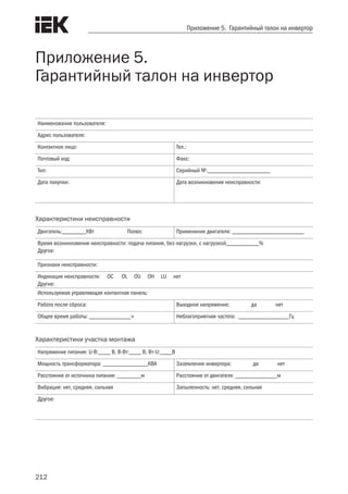 212
Приложение 5. Гарантийный талон на инвертор
Приложение 5.
Гарантийный талон на инвертор
Наименование пользователя:
Адрес пользователя:
Контактное лицо: Тел.:
Почтовый код: Факс:
Тип: Серийный №:_____________________
Дата покупки: Дата возникновения неисправности:
Характеристики неисправности
Двигатель:________КВт 	 Полюс Применение двигателя: ________________________
Время возникновения неисправности: подача питания, без нагрузки, с нагрузкой___________%
Другое: 	
Признаки неисправности:
Индикация неисправности: OC OL OU OH LU нет 	
Другие:
Используемая управляющая контактная панель:
Работа после сброса: Выходное напряжение: да нет
Общее время работы: ______________ч Неблагоприятная частота: _________________Гц
Характеристики участка монтажа
Напряжение питания: U-В:____ В, В-Вт:____ В, Вт-U:____В
Мощность трансформатора: _______________КВА Заземление инвертора: да нет
Расстояние от источника питания: ________м Расстояние от двигателя: ______________м
Вибрация: нет, средняя, сильная Запыленность: нет, средняя, сильная
Другое:
 