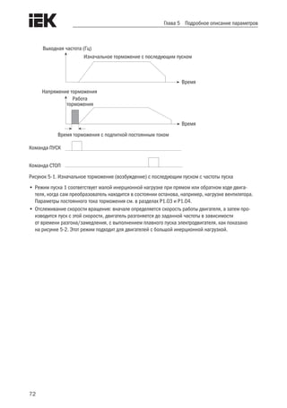 72
Глава 5 Подробное описание параметров
Изначальное торможение с последующим пуском
Время торможения с подпиткой постоянным током
Работа
торможения
Время
Время
Напряжение торможения
Команда ПУСК
Команда СТОП
Выходная частота (Гц)
Рисунок 5-1. Изначальное торможение (возбуждение) с последующим пуском с частоты пуска
•	Режим пуска 1 соответствует малой инерционной нагрузке при прямом или обратном ходе двига-
теля, когда сам преобразователь находится в состоянии останова, например, нагрузке вентилятора.
Параметры постоянного тока торможения см. в разделах P1.03 и P1.04.
•	Отслеживание скорости вращения: вначале определяется скорость работы двигателя, а затем про-
изводится пуск с этой скорости, двигатель разгоняется до заданной частоты в зависимости
от времени разгона/замедления, с выполнением плавного пуска электродвигателя, как показано
на рисунке 5-2. Этот режим подходит для двигателей с большой инерционной нагрузкой.
 