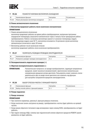 91
Глава 5 Подробное описание параметров
•	 Р2.36	 РЕЖИМ РЕГУЛИРОВКИ ВЕНТИЛЯТОРА ОХЛАЖДЕНИЯ
№ Наименование функции Настройки По умолчанию
Р2.36 Режим регулировки вентилятора охлаждения 0, 1 0
0: Режим автоматического отключения
1: Вентилятор продолжает работать после включения электропитания
ПРИМЕЧАНИЯ
•	Режим автоматического отключения:
вентилятор продолжает работать во время работы преобразователя, внутренняя программа
определения температуры запускается автоматически через 3 минуты после прекращения работы
преобразователя. Работа и остановка вентилятора зависят от значения температуры модуля.
Если температура модуля ниже 50 С, вентилятор остановится. В противном случае вентилятор
автоматически отключается через 30 минут.
•	Вентилятор работает после включения питания:
вентилятор продолжает работать после включения преобразователя.
•	 Р2.37	 ПОЛЯРНОСТЬ РАЗВОДКИ ПРОВОДОВ ЭЛЕКТРОДВИГАТЕЛЯ
№ Наименование функции Настройки По умолчанию
Р2.37 Полярность разводки проводов электродвигателя 0, 1 0
0: Последовательность подключения проводов (+)
1: Обратная последовательность подключения (-)
ПРИМЕЧАНИЕ	 Положительная полярность на выходе преобразователя, задающая направление
вращения, может оказаться несовместимой с фактическим положительным
направлением вращения ротора двигателя. Пользователь может изменить после-
довательность фаз на входе линии двигателя или изменить код функции
для настройки направления вращения электродвигателя.
•	 Р2.38	 ВЫБОР СПОСОБА РАБОТЫ С ФУНКЦИЕЙ РЕВЕРСА
№ Наименование функции Настройки По умолчанию
Р2.38 Выбор способа работы с функцией реверса 0, 1 0
0: Реверс подключен
1: Реверс отключен
ПРИМЕЧАНИЯ
•	При значении параметра, равному 0, функция реверса отключена.
•	Когда кнопочная панель настроена на реверс, преобразователь частоты будет работать на нулевой
частоте.
•	Когда режим обратного толчкового хода активирован через клемму RJOG, преобразователь не будет
работать.
•	При подаче команды ХОД с клеммы при подключенной клемме обратного вращения РЕВЕРС преоб-
разователь не будет работать.
 