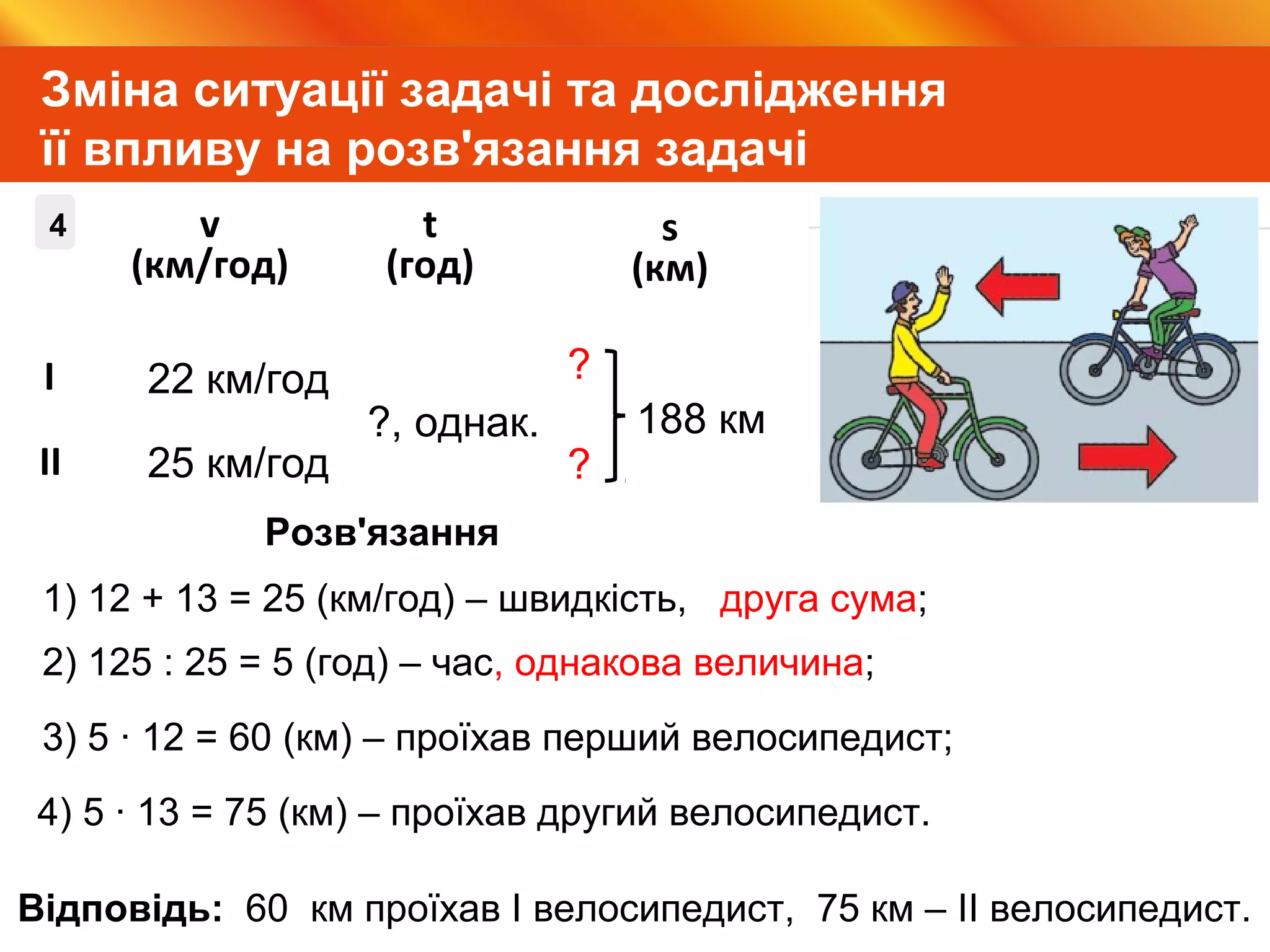 Видавництво «Ранок»
Зміна ситуації задачі та дослідження
її впливу на розв'язання задачі
?, однак.
І
ІІ
13
?
?
v
(км/год)
t
(год)
s
(км)
1) 12 + 13 = 25 (км/год) – швидкість, друга сума;
2) 125 : 25 = 5 (год) – час, однакова величина;
Розв'язання
Відповідь: 60 км проїхав І велосипедист, 75 км – ІІ велосипедист.
3) 5 ∙ 12 = 60 (км) – проїхав перший велосипедист;
4) 5 ∙ 13 = 75 (км) – проїхав другий велосипедист.
4
22 км/год
25 км/год
188 км
 