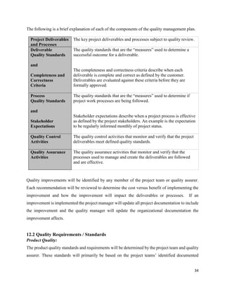34
The following is a brief explanation of each of the components of the quality management plan.
Project Deliverables
and Processes
The key project deliverables and processes subject to quality review.
Deliverable
Quality Standards
and
Completeness and
Correctness
Criteria
The quality standards that are the “measures” used to determine a
successful outcome for a deliverable.
The completeness and correctness criteria describe when each
deliverable is complete and correct as defined by the customer.
Deliverables are evaluated against these criteria before they are
formally approved.
Process
Quality Standards
and
Stakeholder
Expectations
The quality standards that are the “measures” used to determine if
project work processes are being followed.
Stakeholder expectations describe when a project process is effective
as defined by the project stakeholders. An example is the expectation
to be regularly informed monthly of project status.
Quality Control
Activities
The quality control activities that monitor and verify that the project
deliverables meet defined quality standards.
Quality Assurance
Activities
The quality assurance activities that monitor and verify that the
processes used to manage and create the deliverables are followed
and are effective.
Quality improvements will be identified by any member of the project team or quality assurer.
Each recommendation will be reviewed to determine the cost versus benefit of implementing the
improvement and how the improvement will impact the deliverables or processes. If an
improvement is implemented the project manager will update all project documentation to include
the improvement and the quality manager will update the organizational documentation the
improvement affects.
12.2 Quality Requirements / Standards
Product Quality:
The product quality standards and requirements will be determined by the project team and quality
assurer. These standards will primarily be based on the project teams’ identified documented
 