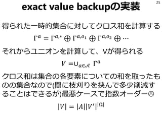 exact value backupの実装
得られた一時的集合に対してクロス和を計算する
Γ 𝑎
= Γ 𝑎,∗
⊕ Γ 𝑎,𝑜1 ⊕ Γ 𝑎,𝑜2 ⊕ ⋯
それからユニオンを計算して、Vが得られる
𝑉 =∪ 𝑎∈𝒜 Γ 𝑎
クロス和は集合の各要素についての和を取ったも
のの集合なので(間に枝刈りを挟んで多少削減す
ることはできるが)最悪ケースで指数オーダー
𝑉 = 𝐴 𝑉′ Ω
25
 