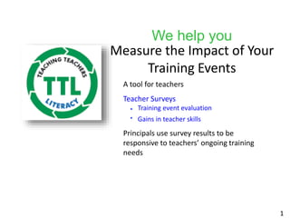 We help you
Measure the Impact of Your
Training Events
A tool for teachers
Teacher Surveys
Training event evaluation
Gains in teacher skills
Principals use survey results to be
responsive to teachers’ ongoing training
needs
1
 