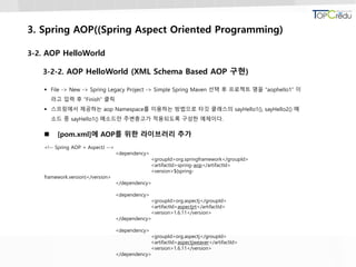 3. Spring AOP((Spring Aspect Oriented Programming)
3-2. AOP HelloWorld
3-2-2. AOP HelloWorld (XML Schema Based AOP 구현)
 File -> New -> Spring Legacy Project -> Simple Spring Maven 선택 후 프로젝트 명을 “aophello1” 이
라고 입력 후 “Finish” 클릭
 스프링에서 제공하는 aop Namespace를 이용하는 방법으로 타깃 클래스의 sayHello1(), sayHello2() 메
소드 중 sayHello1() 메소드만 주변충고가 적용되도록 구성한 예제이다.
 [pom.xml]에 AOP를 위한 라이브러리 추가
<!-- Spring AOP + AspectJ -->
<dependency>
<groupId>org.springframework</groupId>
<artifactId>spring-aop</artifactId>
<version>${spring-
framework.version}</version>
</dependency>
<dependency>
<groupId>org.aspectj</groupId>
<artifactId>aspectjrt</artifactId>
<version>1.6.11</version>
</dependency>
<dependency>
<groupId>org.aspectj</groupId>
<artifactId>aspectjweaver</artifactId>
<version>1.6.11</version>
</dependency>
 