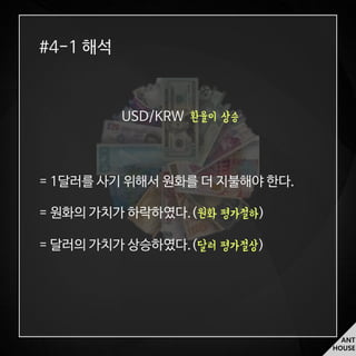ANT
HOUSE
#4-1 해석
USD/KRW 환율이 상승
= 1달러를 사기 위해서 원화를 더 지불해야 한다.
= 원화의 가치가 하락하였다.(원화 평가절하)
= 달러의 가치가 상승하였다.(달러 평가절상)
 