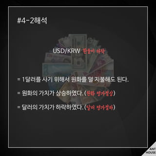 ANT
HOUSE
#4-2해석
USD/KRW 환율이 하락
= 1달러를 사기 위해서 원화를 덜 지불해도 된다.
= 원화의 가치가 상승하였다.(원화 평가절상)
= 달러의 가치가 하락하였다.(달러 평가절하)
 